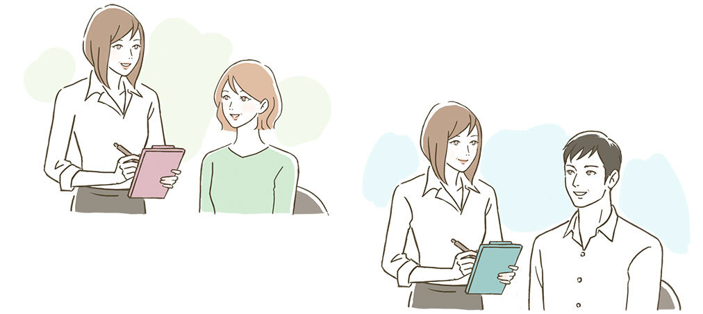 ウィッグ・かつらの使用経験有無の確認、希望スタイルの確認をします。分け目の有無や材質の確認、型の大きさを図り金額の提示をします。その後、契約書を記入していただきます。