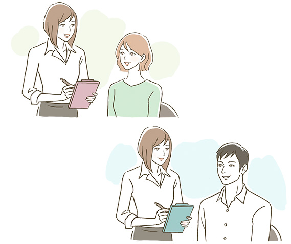 ウィッグ・かつらの使用経験有無の確認、希望スタイルの確認をします。分け目の有無や材質の確認、型の大きさを図り金額の提示をします。その後、契約書を記入していただきます。