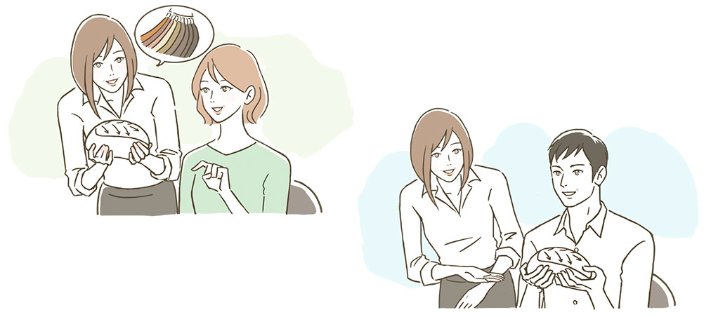 お客様と型の確認・カラーチャートで色の確認・ネットサンプルで質感の確認。(※2)分け目の有無と素材の確認(※3)髪の長さの確認をします。